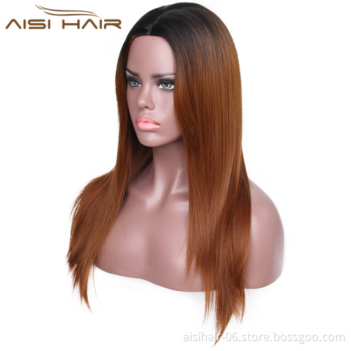 Aisi Hair Top Selling Long Silky Straight Wave Wigs For Black Women Ombre Brown Color Synthetic Fiber Wigs